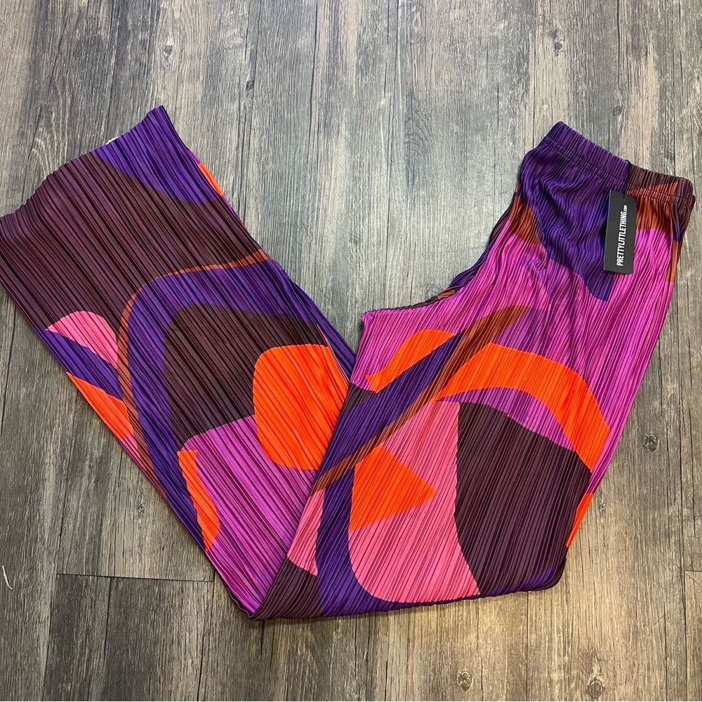 NWT PrettyLittle Thing Pink Orange Print Plisse High Waist Wide Loose Leg Pants - Picture 10 of 12